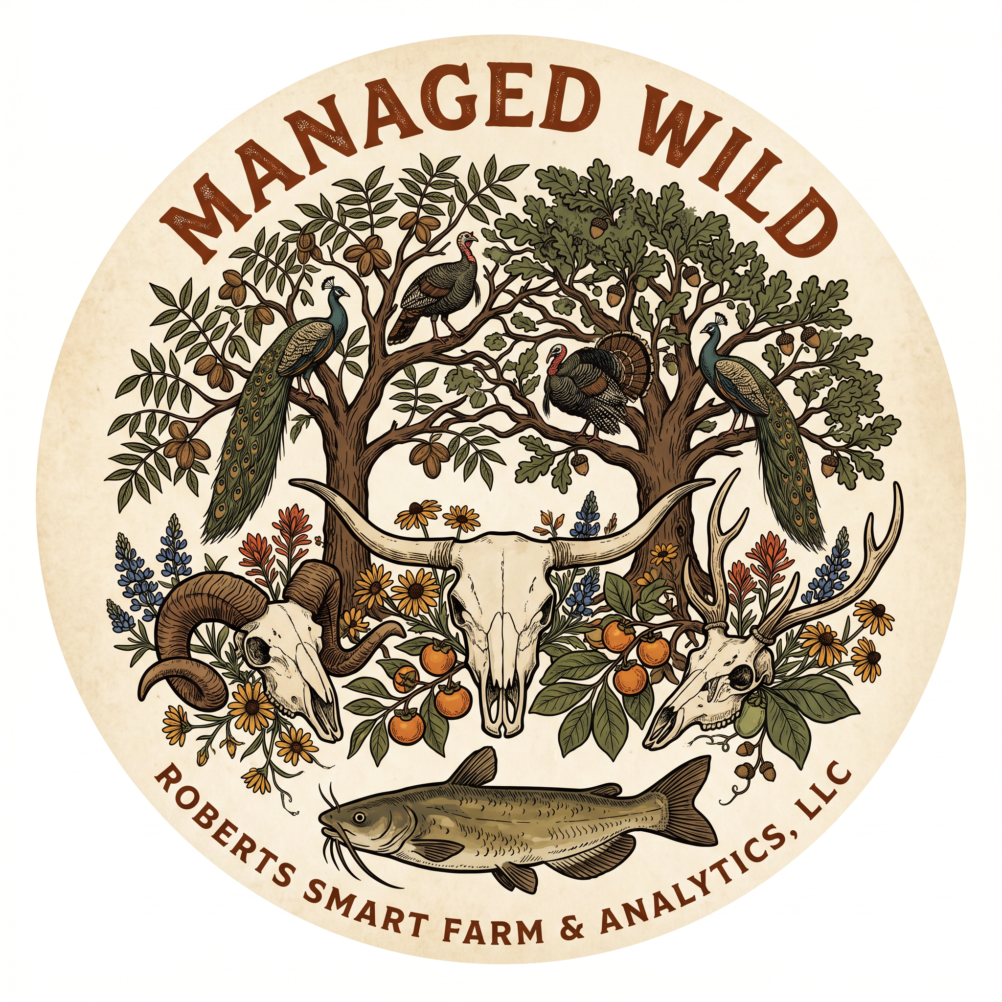 Managed Wild — Primal Roots brand insignia featuring longhorn, ram, and axis deer skulls with pecan and oak trees