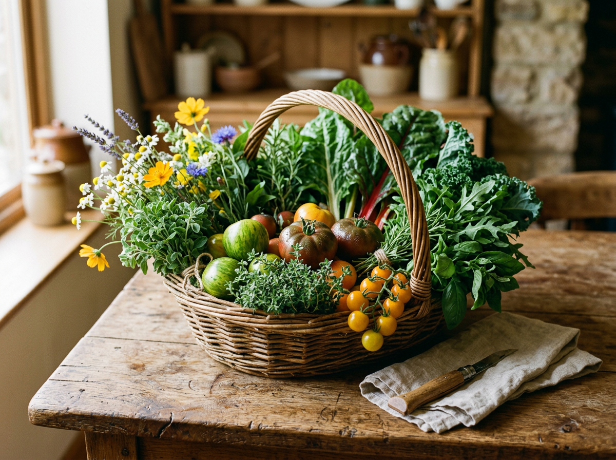 Fresh harvest basket with herbs, heirloom tomatoes, and wildflowers on a rustic farm table