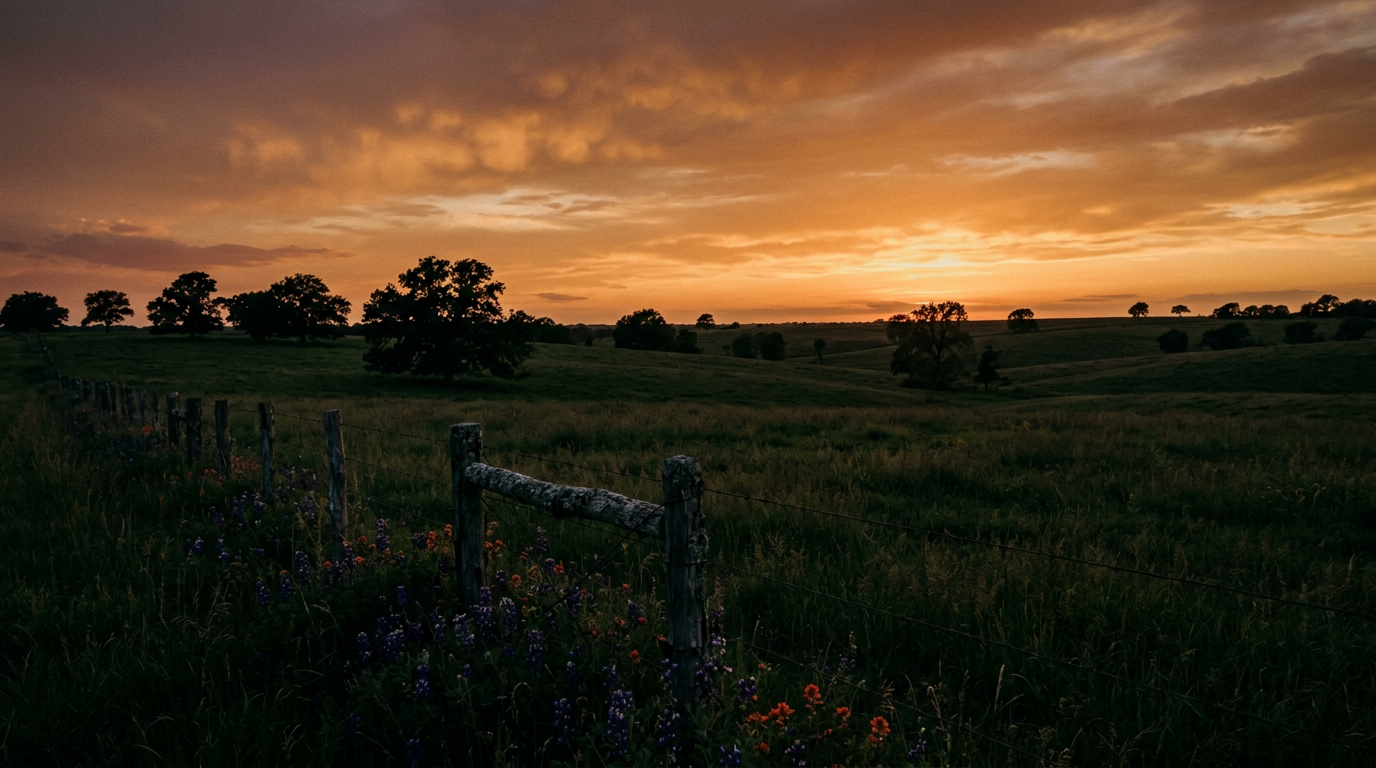 Golden hour over the Managed Wild regenerative farm in Red River County, Texas